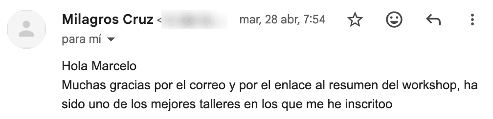 Correo de Milagros Cruz: 'Ha sido uno de los mejores talleres en los que me he inscrito'.